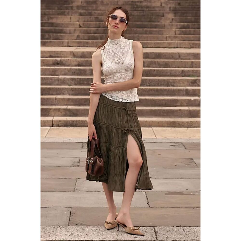 Free People Maeve Midi Skirt in Fir Green NWT